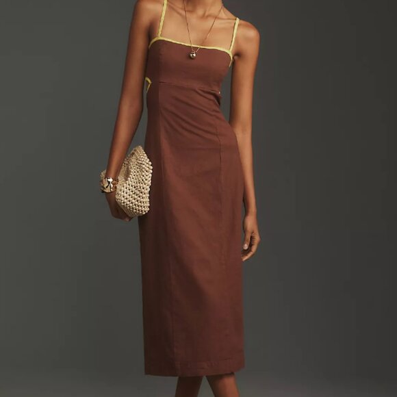 🏷 *NWT* ✨ Maeve by Anthropologie Brown & Chartreuse Midi Dress – Chic & Unique! - Picture 1 of 12
